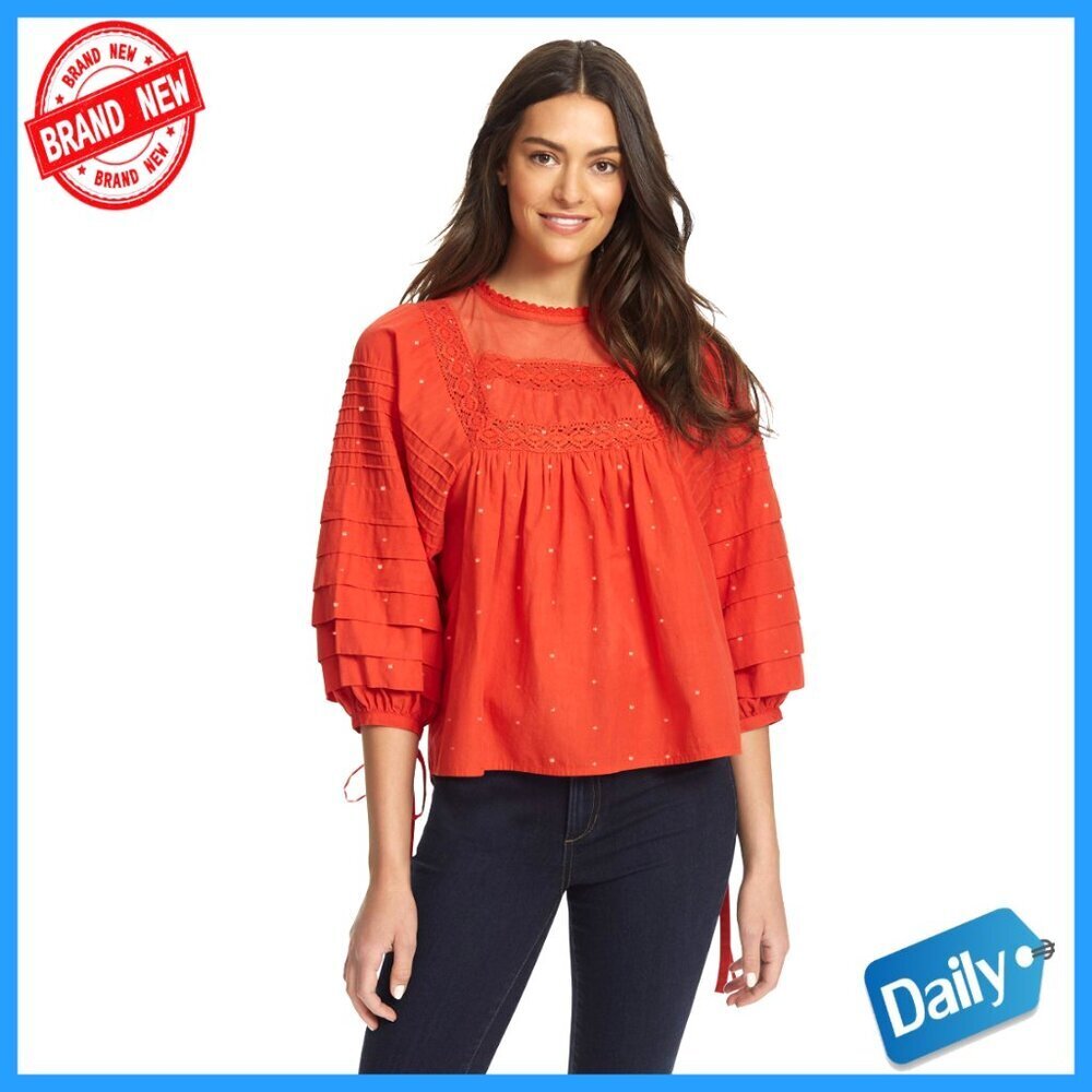 Pintucked Long Sleeve Blouse with Puffed Sleeves and Tie Cuffs